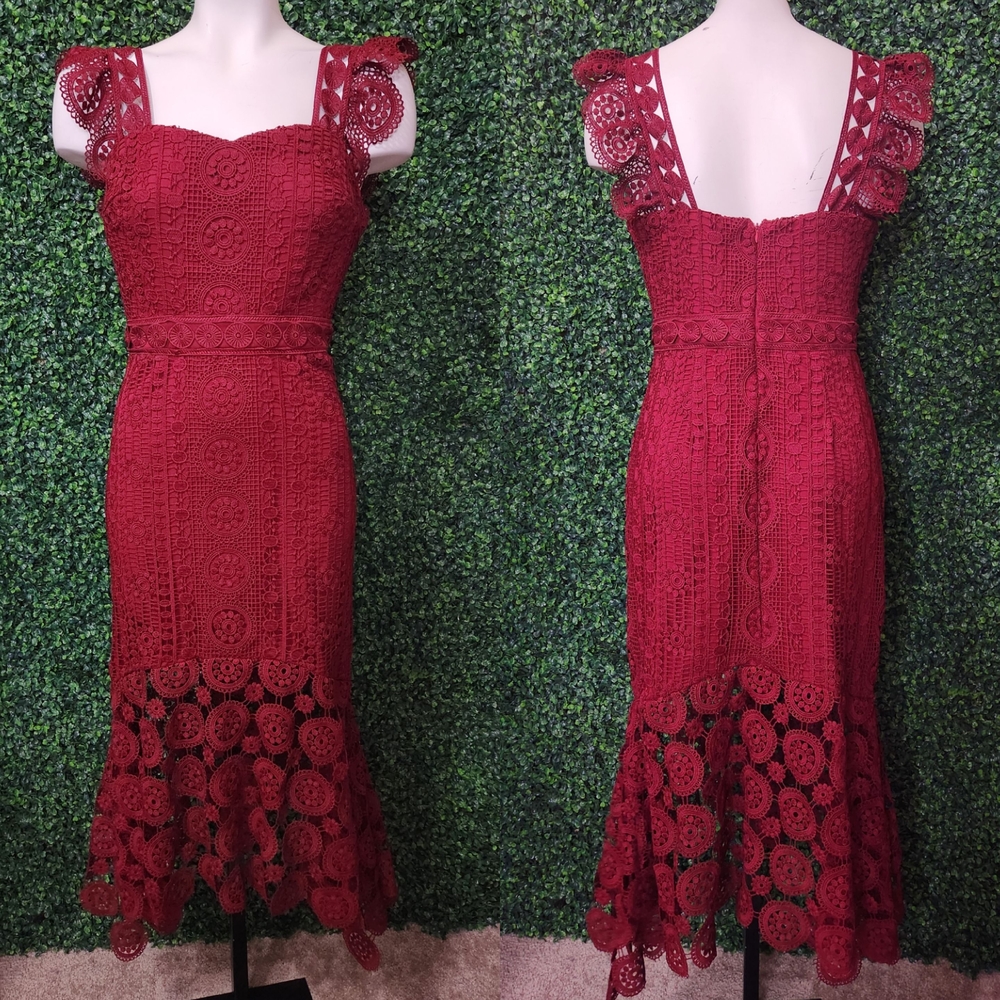 Lena Red Sheath Dress with Flutter Sleeves and Square Neck